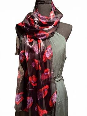 Red Hat Society Black Silky Scarf with Red and Purple Hat Pattern